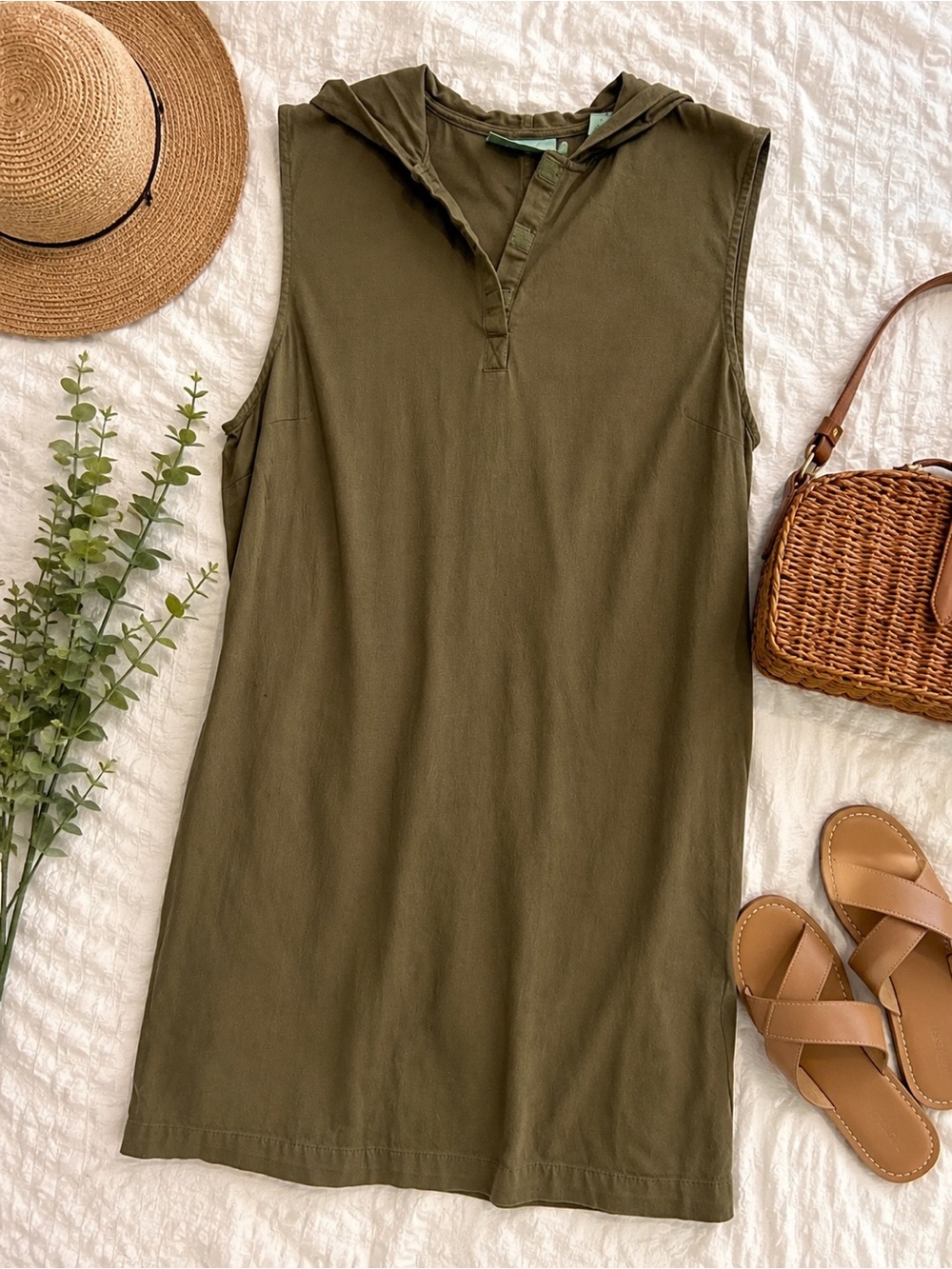 Vintage Marsh Landing Petites Olive Green Hooded Sleeveless Dress Cotton PL